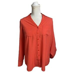 Talbots Nantucket Button Up Blouse Women's Size MP Red Orange Roll Tab Sleeve